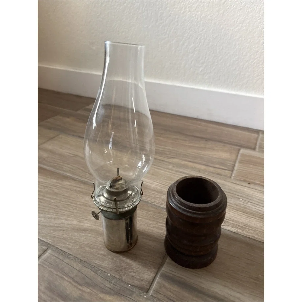 Vintage Wooden And Glass Oil Lamp and Chimney, Stands 14